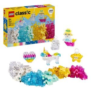 LEGO Classic 11040 magische transparante doos met fantasiefiguren en losse bouwstenen uitgestald