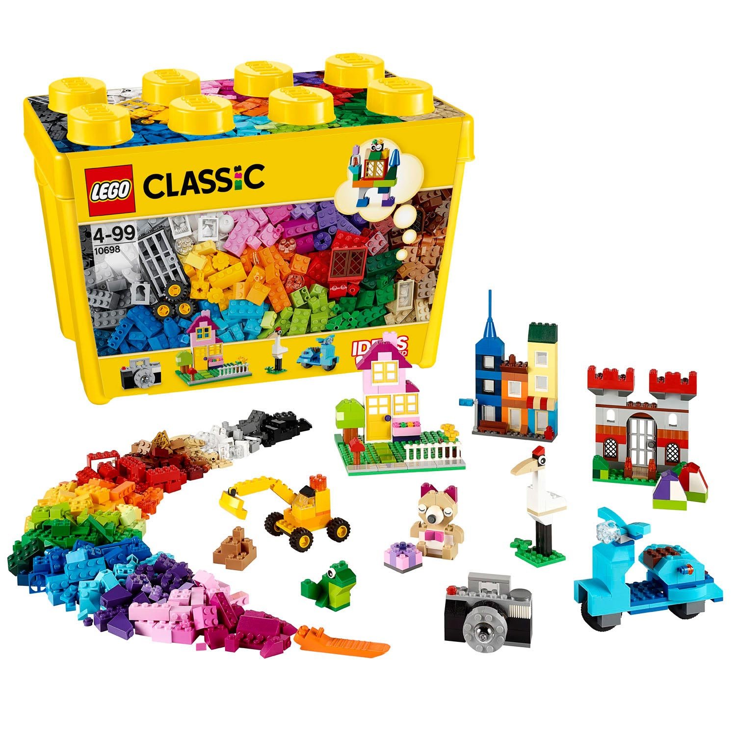 lego-classic-complete-set-met-bouwwerken LEGO Classic 10698 creatieve opbergdoos XL met uitgestalde stenen en diverse bouwwerken zoals huis, camera en scooter