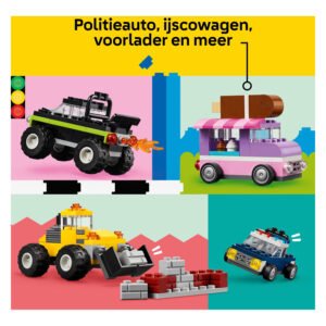 LEGO Classic speelgoedvoertuigen inclusief politieauto, ijswagen en voorlader in kleurrijke stijl