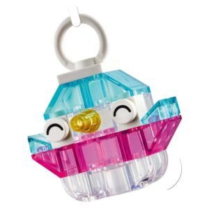 Transparante LEGO Classic vogel sleutelhanger in roze, blauw en geel