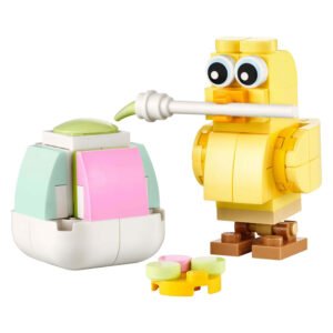 Detailweergave van LEGO Creator kuiken met penseel en kleurrijke verfset