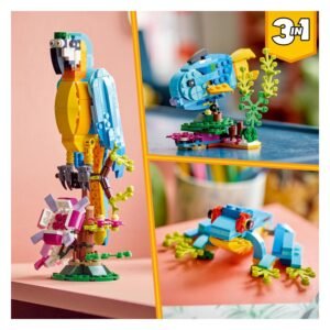 Gebouwde LEGO Creator dierenmodellen papegaai, kikker en vis op tafel