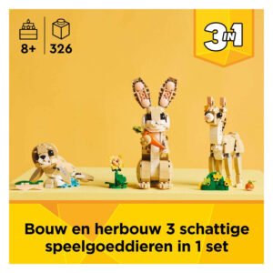 LEGO Creator 3-in-1 set met konijn, zeehond en lama op gele achtergrond