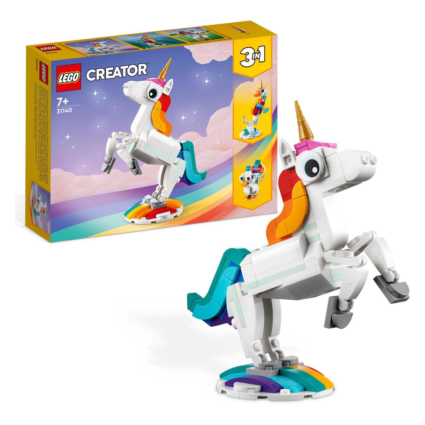 lego-creator-3in1-eenhoorn-met-doos LEGO Creator 31140 magische eenhoorn set met verpakking zichtbaar
