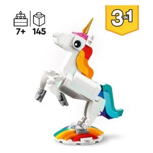 LEGO Creator eenhoorn op regenboogstandaard met 3-in-1 icoon en leeftijd 7+