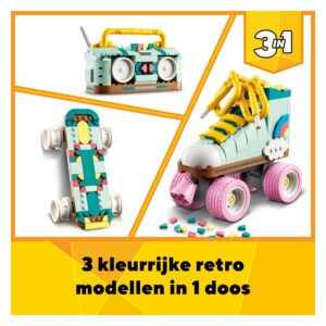 Drie kleurrijke LEGO Creator modellen in één set: radio, rolschaats en skateboard