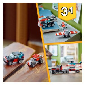LEGO Creator 3in1 voertuigen met speelgoedtruck en vliegtuig op een speeltafel