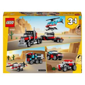 LEGO Creator 3in1 bouwset doos achterkant met vrachtwagen, helikopter en raceauto in woestijnomgeving