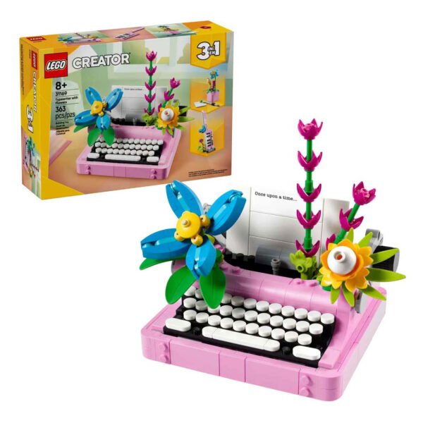 LEGO Creator 31169 typemachine met bloemen set met verpakking zichtbaar