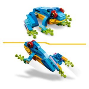 Bouwbare LEGO Creator kikker in felle kleuren met rode ogen en groene poten