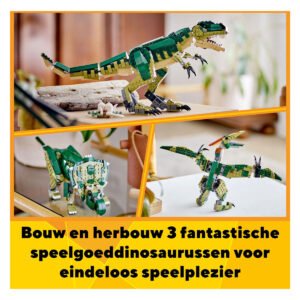 Drie LEGO Creator dinosaurussen opgebouwd in een speelsituatie voor kinderen