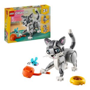 LEGO Creator 31163 speelse kat met accessoires en productdoos op achtergrond