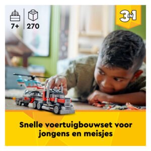 Kind speelt met LEGO Creator vrachtwagen en helikopter uit 3in1 voertuigenset