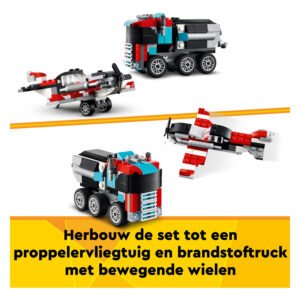 LEGO Creator propellervliegtuig en brandstoftruck met bewegende wielen