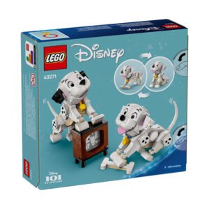 Achterkant van LEGO Disney 43271 doos met Dalmatier hondjes en televisie
