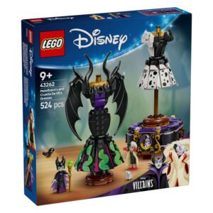 LEGO Disney set 43262 doos voorkant met 524 onderdelen, Maleficent en Cruella jurken en figuren