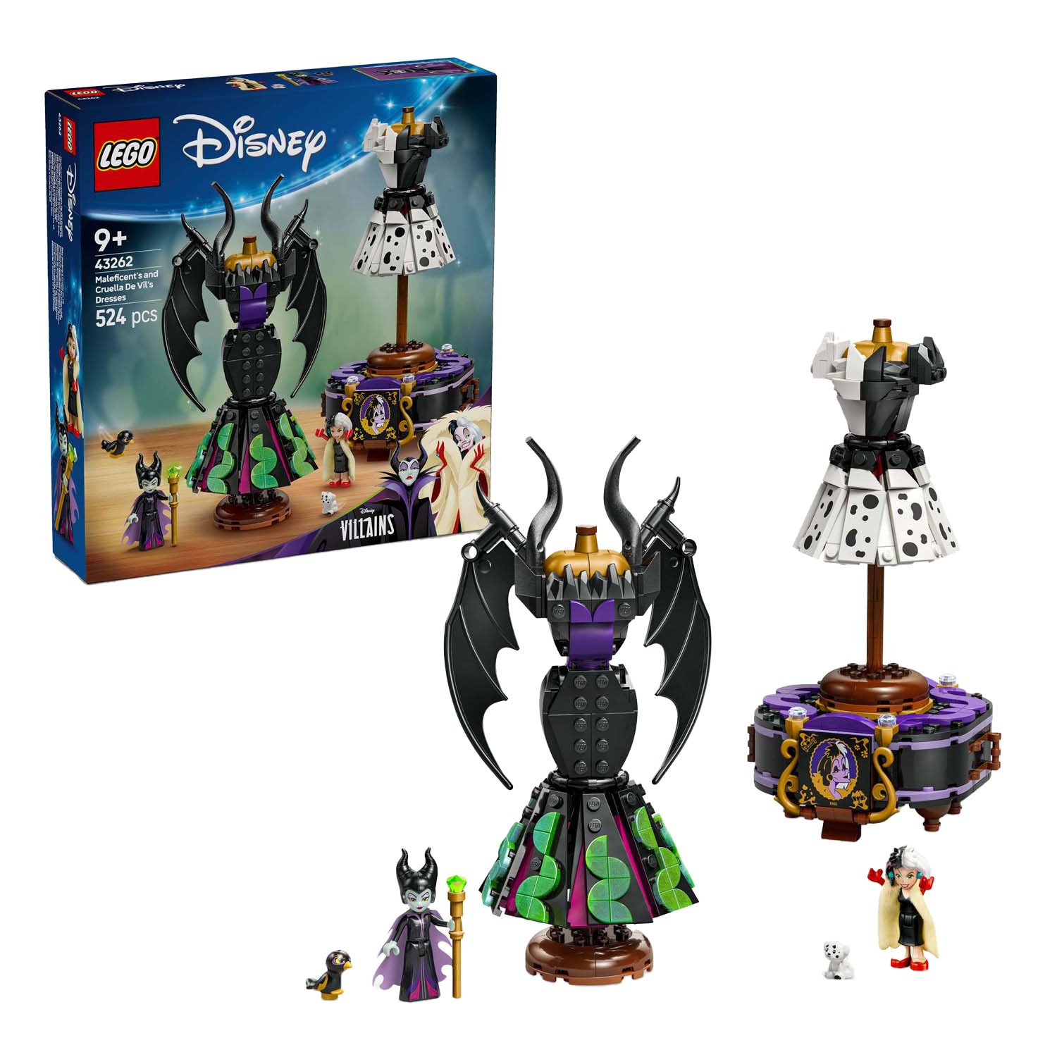 lego-disney-maleficent-cruella-jurken-en-minifiguren LEGO disney 43262 de jurken van Maleficent en Cruella De Vil inclusief minifiguren en doos