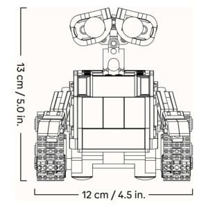 Afmetingen van LEGO Disney WALL-E model weergegeven in technische tekening