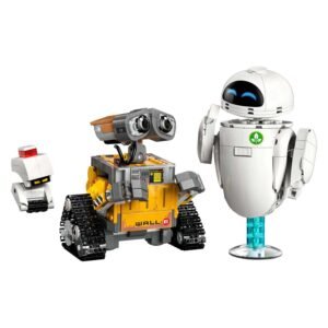 LEGO Disney WALL-E, EVE en M-O personages op witte achtergrond in studioweergave
