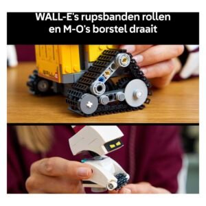 Close-up van LEGO Disney WALL-E en M-O met werkende rupsbanden en borstel