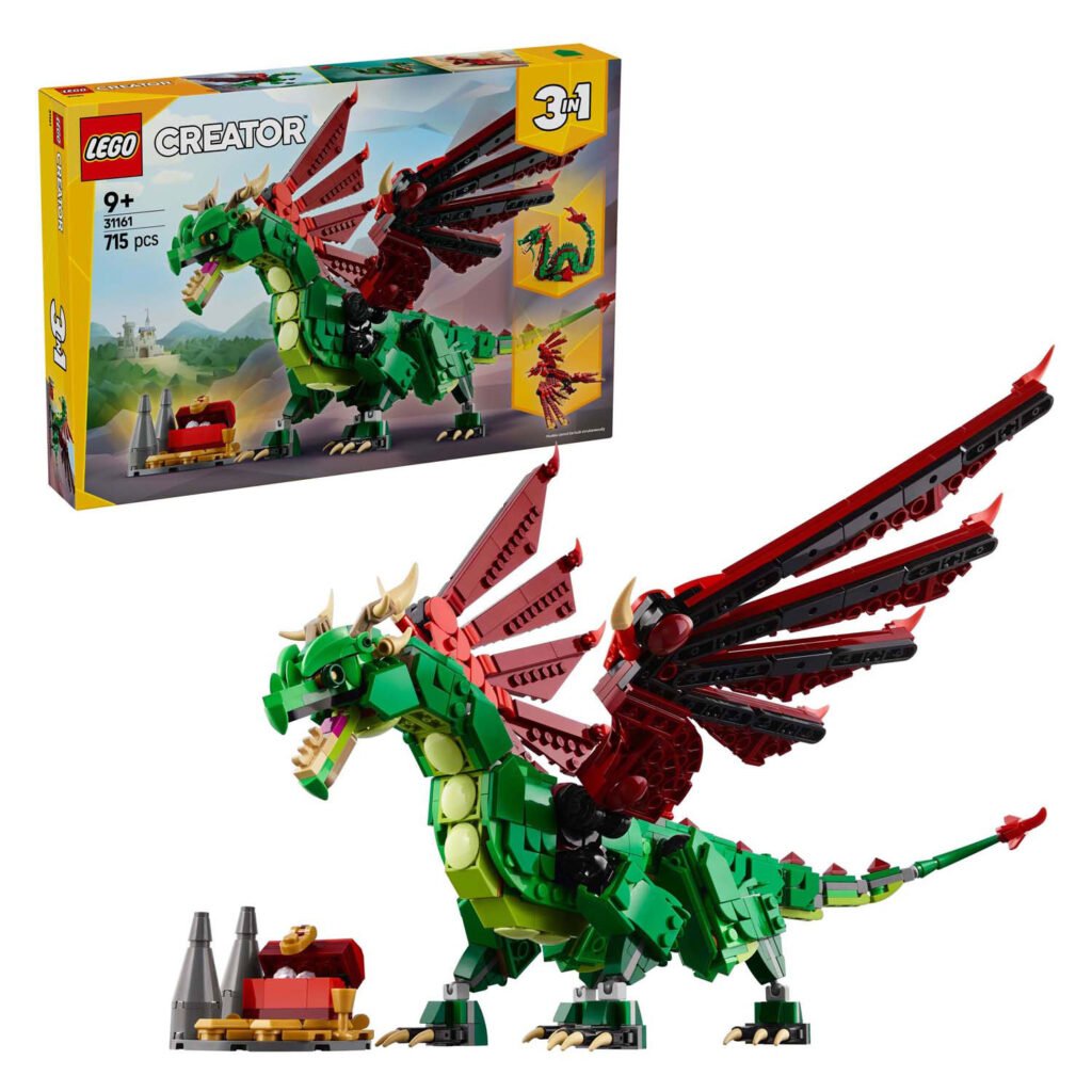 LEGO Creator 31161 middeleeuwse draak met beweegbare vleugels, uitgelicht in gele achtergrond
