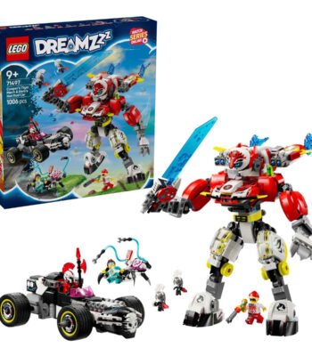 LEGO DREAMZzz 71497 Coopers Tijgermecha en Zero's hot rod auto met doos en minifiguren uitgestald
