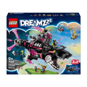 LEGO DREAMZzz Nightmare Shark Submarine bouwdoos met doosontwerp en minifiguren in actie