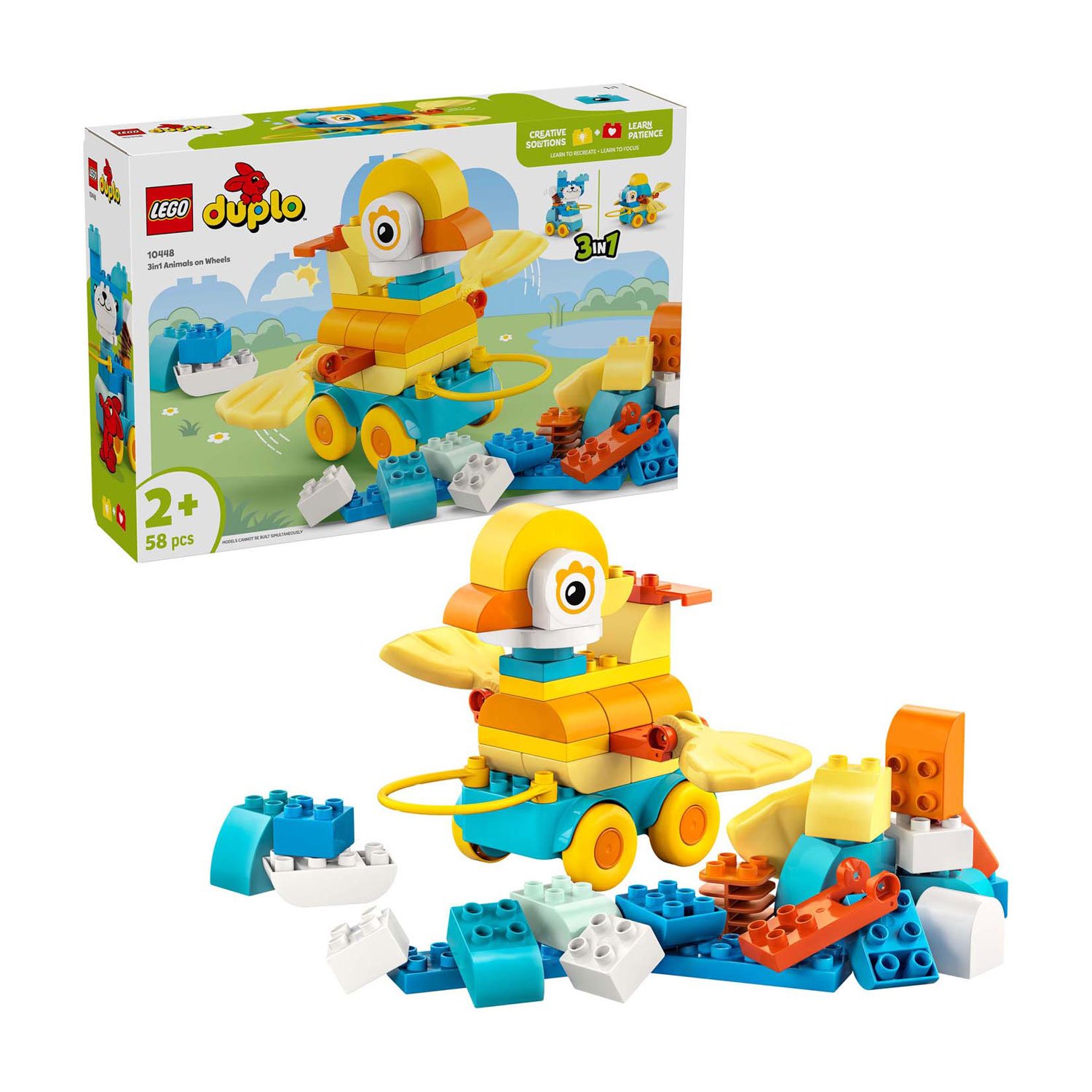 lego-duplo-3in1-dieren-bouwset-met-verpakking LEGO DUPLO 10448 3-in-1 dieren op wielen bouwset met dieren op wielen en losse blokken