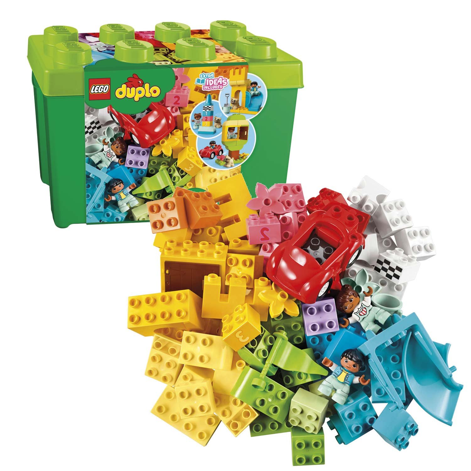 lego-duplo-bouwstenen-groene-box LEGO DUPLO 10914 luxe opbergdoos met bouwstenen verspreid voor luxe opbergdoos