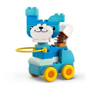 Blauwe LEGO DUPLO hond op wielen met vrolijk gezicht