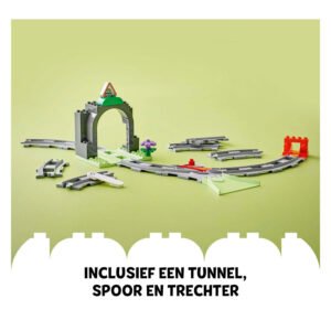 Overzicht van LEGO DUPLO treinset met tunnel, rails en wissels