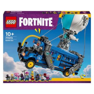 Verpakking voorzijde van LEGO Fortnite Battle Bus set 77073 met alle figuren