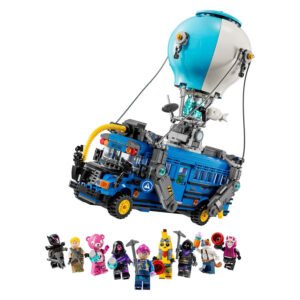 LEGO Fortnite Battle Bus en minifiguren op witte achtergrond
