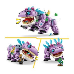 LEGO Fortnite Klombo set met paarse dinosaurus en speelfiguren in actie