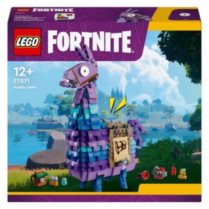 Verpakking voorkant van LEGO Fortnite lama set 77071 met speelse achtergrond