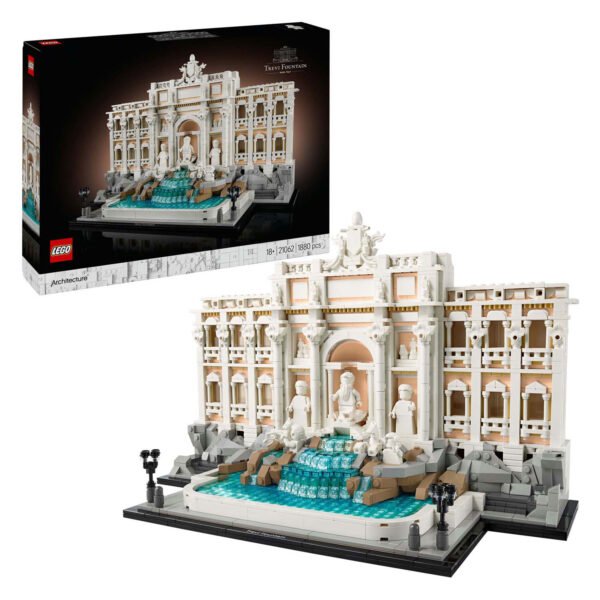 LEGO Architecture 21062 Trevifontein met verpakking en voltooide set in één beeld
