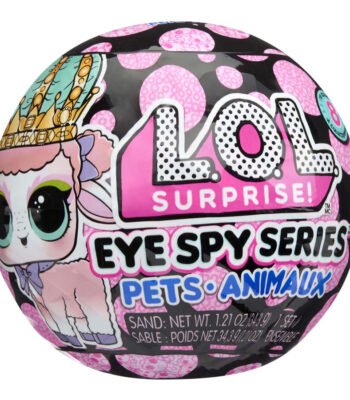 Close-up van L.O.L. Surprise! Eye Spy Pets capsule met logo en schattig dier