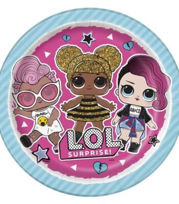 L.O.L. Surprise! bordjes met drie kleurrijke poppen en roze achtergrond