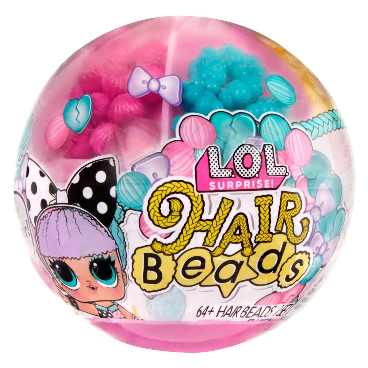 lol-surprise-hair-beads-verpakking-kralen Close-up van L.O.L. Surprise! Hair Beads speelfiguur in bal verpakking met kralen