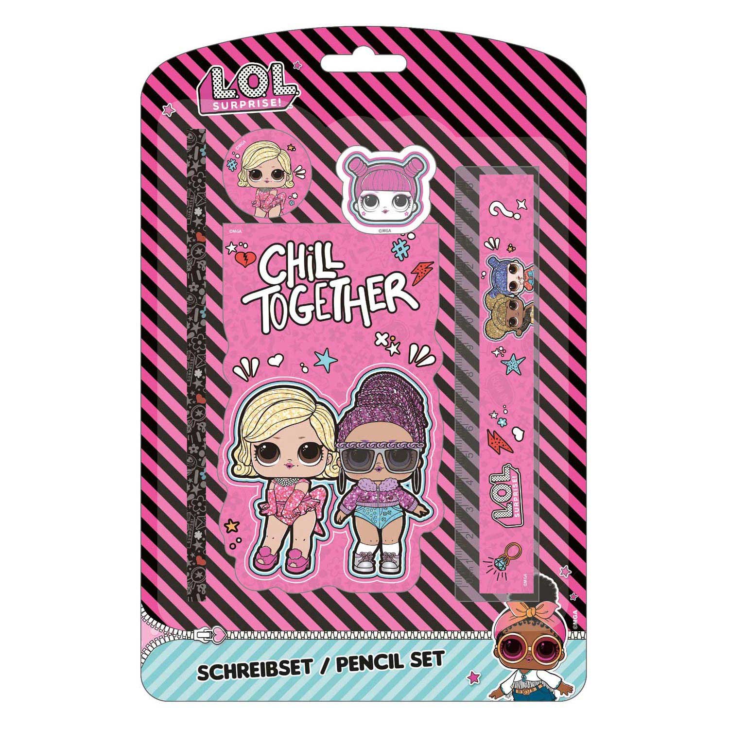 lol-surprise-schrijfset-roze-chill-together L.O.L. Surprise! schrijfset met liniaal, potlood en sticker op roze achtergrond