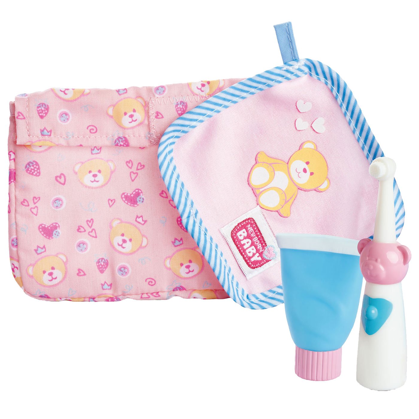 new-born-baby-badaccessoires-set-detail Roze New Born Baby badaccessoires met tandenborstel, tandpasta en washandje