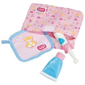 Uitgeklapte New Born Baby badset met roze etui en accessoires