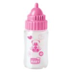 new born baby magisch drinkflesje met roze dop en illustraties van hartjes en een beer