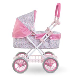 Zijaanzicht van roze Corolle poppenwagen met mandje onderin