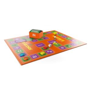 Overzicht van het 30 Seconds Everyday Life spelbord met speelstukken, zandloper en kaarten van 999 games