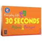 Voorkant van de oranje 30 Seconds Everyday Life speldoos van 999 Games 999 Games 30 Seconds Everyday Life