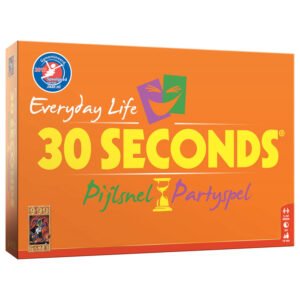 Voorkant van de oranje 30 Seconds Everyday Life speldoos van 999 Games 999 Games 30 Seconds Everyday Life