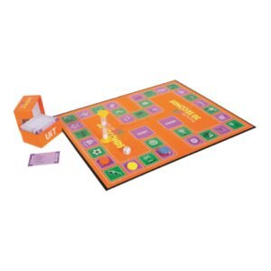Uitgevouwen 30 Seconds Everyday Life spel met kaartenbak, dobbelsteen en pionnen van 999 games