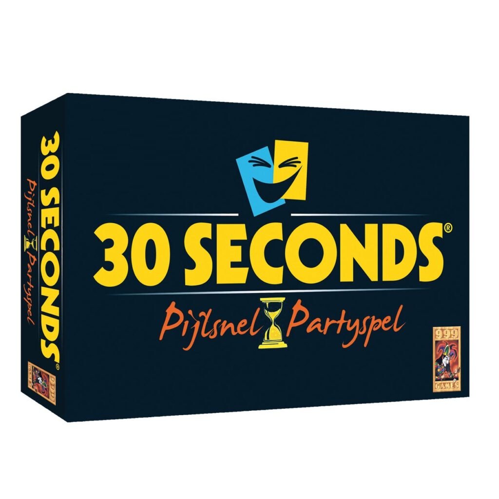 Doos van het 30 Seconds partyspel met kleurrijk logo en slogan van 999 Games 999 Games 30 Seconds