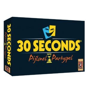 Doos van het 30 Seconds partyspel met kleurrijk logo en slogan van 999 Games 999 Games 30 Seconds